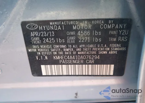 2013 Hyundai Sonata Hybrid из США, поврежденный, VIN KMHEC4A41DA076294